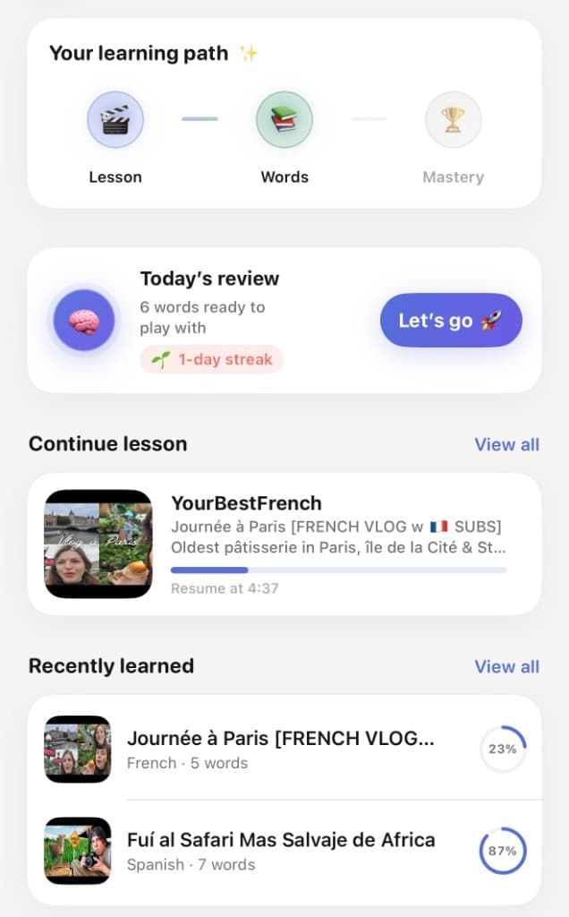 Untranslated home with a learning path, daily review, and recent videos
