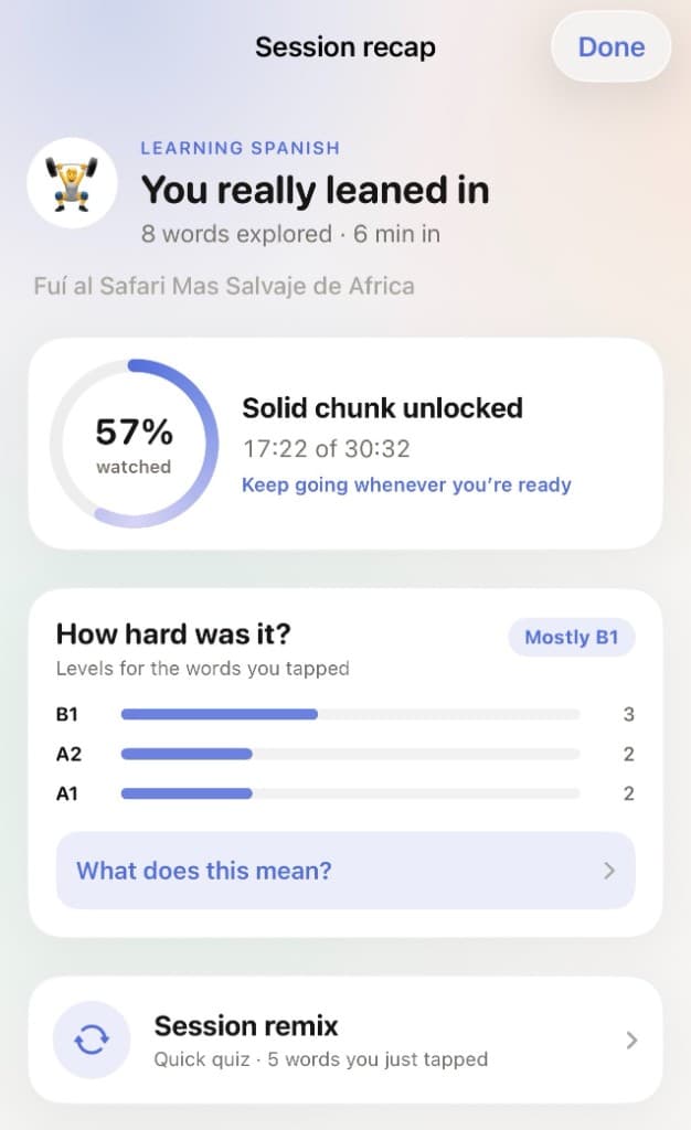 Untranslated session recap with watch progress and word levels